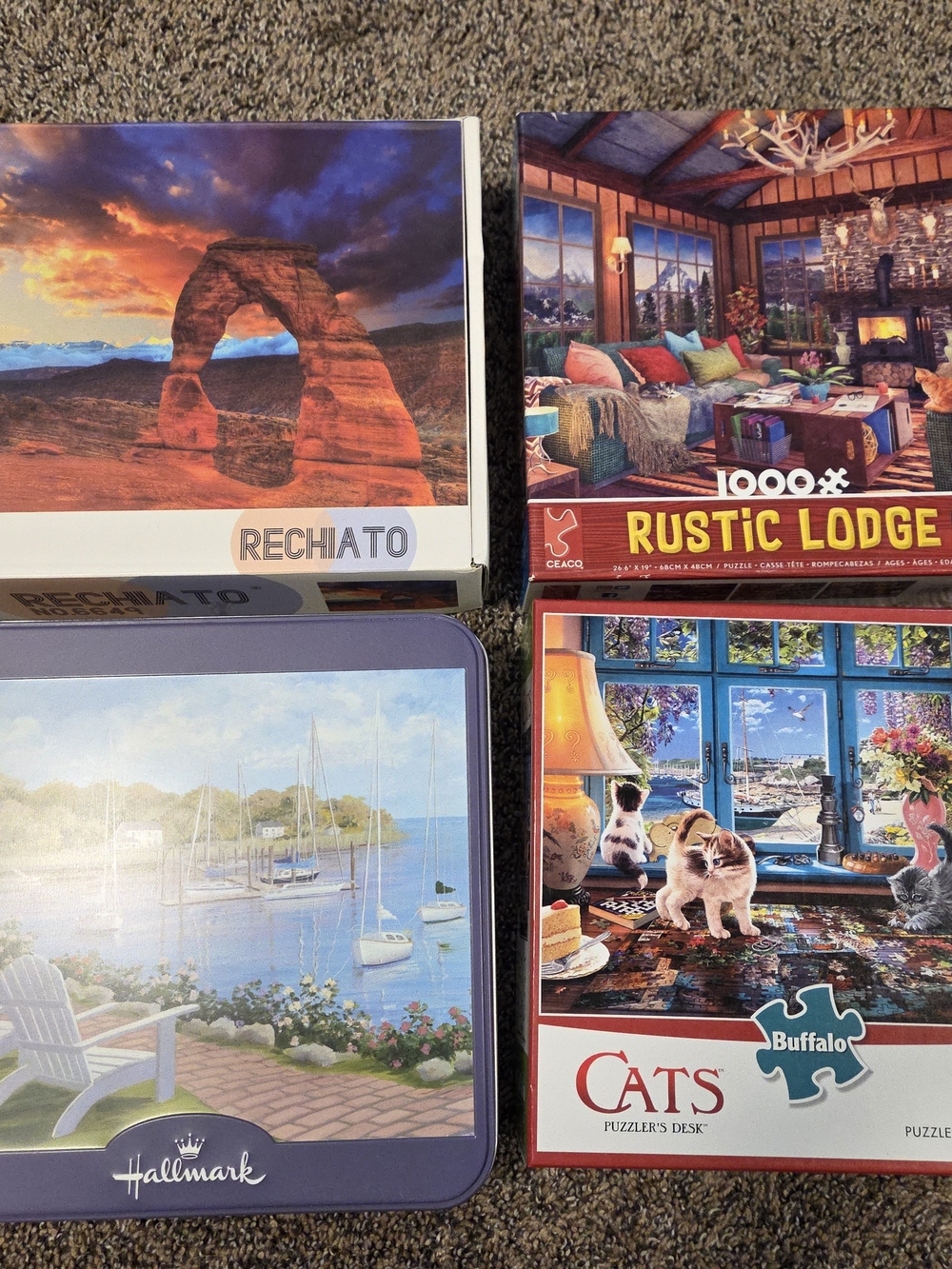 (4) 750-1000 Piece Puzzles Cats Puzzle - Blue, Red, Green, Brown